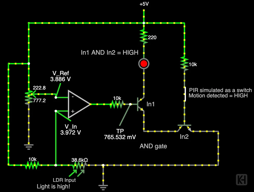 Circuit with PIR sensor and AND gate logic